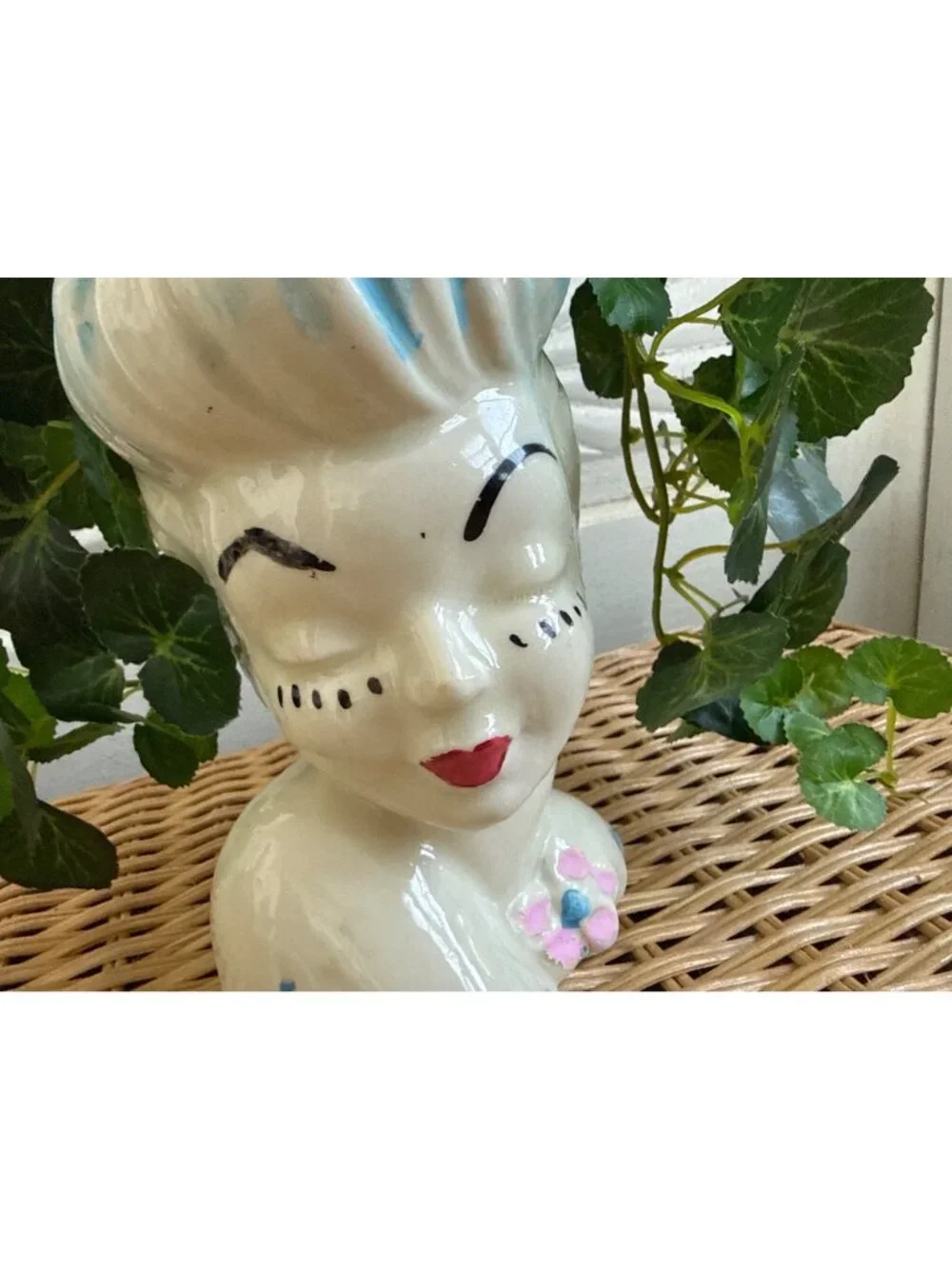 Vintage 1950s Glamour Girl Head Vase Planter With Ivy Faux Plant